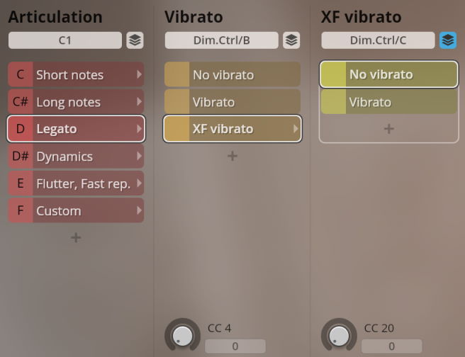 User interface for Studio Historic Winds Packs with controls for Articulation (Legato, Short notes, Long notes, Dynamics, Flutter, Custom) and Vibrato (No vibrato, Vibrato, XF vibrato).