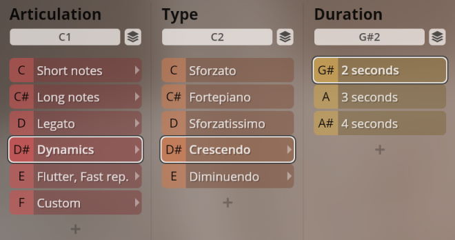 Studio Historic Winds sound library interface displaying Articulation, Type, and Duration options for musical instrument samples.