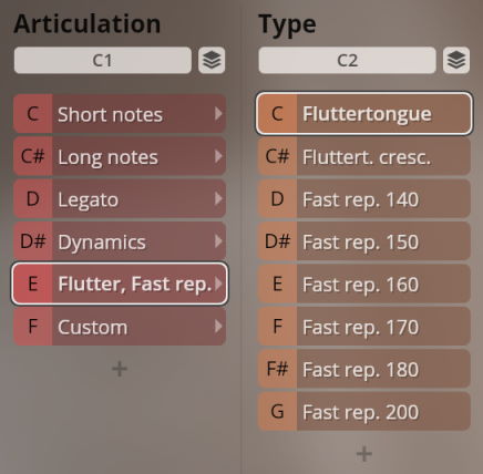 Studio Historic Winds software interface showing customizable wind instrument articulations and types like fluttertongue and fast repetitions for musical composition.