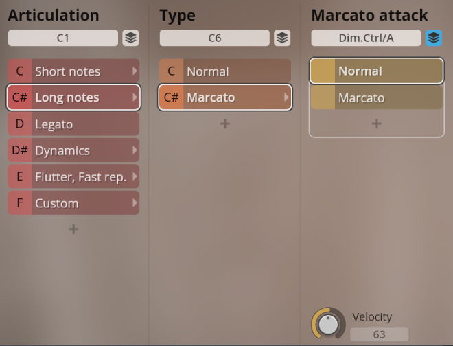 Studio Historic Winds production software interface showing articulation, type, and marcato attack options for musical instrument sounds.