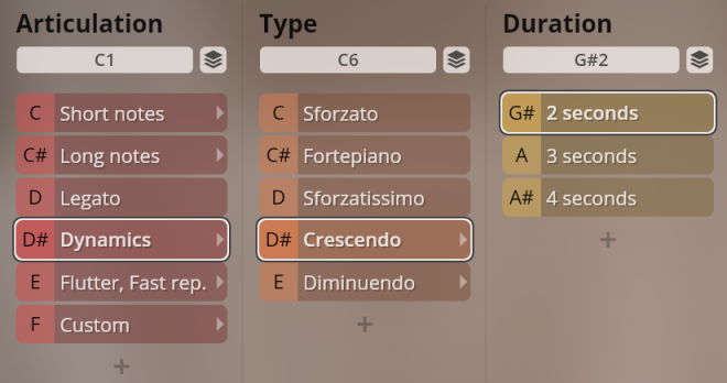 User interface showing articulation, type, and duration controls for Studio Historic Winds instrument sounds.