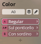 Screenshot of Color settings for Studio Orchestral Strings software, showing options for Regular, Sul ponticello, and Con sordino string articulations.