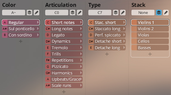Studio Orchestral Strings user interface showing Color, Articulation, Type, and Stack selection menus for sample libraries.