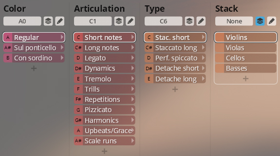 User interface for Studio Orchestral Strings virtual instrument showing selectable options for Color, Articulation, Type, and Stack, including Violins, Violas, Cellos, and Basses.