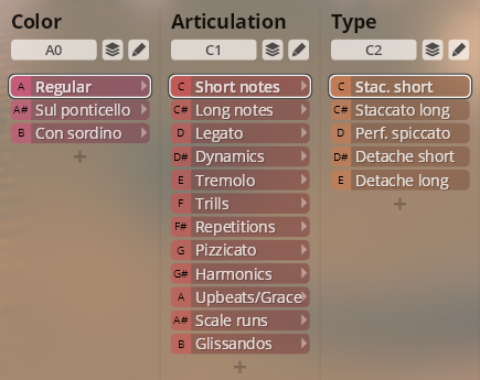 Graphical user interface for Studio Orchestral Strings software showing options for Color, Articulation, and Type. Color includes Regular, Sul ponticello, Con sordino. Articulation offers Short notes, Long notes, Legato, Dynamics, Tremolo, Trills, Repetitions, Pizzicato, Harmonics, Upbeats/Grace, Scale runs, and Glissandos. Type displays Stac. short, Staccato long, Perf. spiccato, Detache short, and Detache long.
