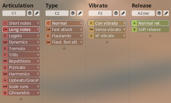 Studio Orchestral Strings user interface showing articulation, type, vibrato, and release parameters for sound design.