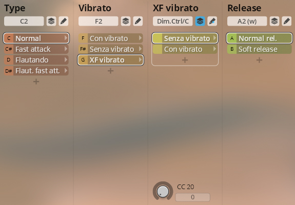 User interface showing granular control over orchestral string sample sound parameters including type, vibrato, XF vibrato, and release for Studio Orchestral Strings.