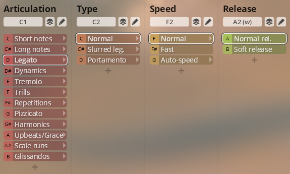 A software interface showing articulation, type, speed, and release options for Studio Orchestral Strings, with Legato, Normal, and Normal rel. selected.