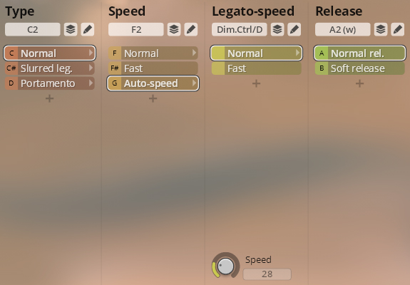 User interface showing Type, Speed, Legato-speed, and Release controls for Studio Orchestral Strings, with options like Normal, Slurred leg., Portamento, Fast, Auto-speed, Normal rel., and Soft release.