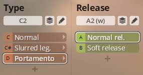Studio Orchestral Strings software interface showing Type options like Normal, Slurred, Portamento and Release options like Normal release, Soft release, for virtual instrument sound adjustments.
