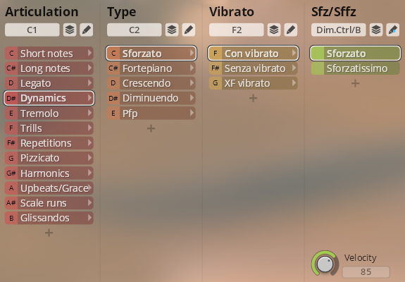 User interface for Studio Orchestral Strings virtual instrument, displaying articulation, type, vibrato, and Sffz/Sfz controls with Dynamics selected.