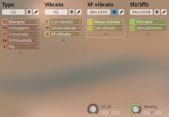 User interface of Studio Orchestral Strings software showing options for Type, Vibrato, XF vibrato, and Sfz/Sffz, including Sforzato, Fortepiano, Crescendo, Diminuendo, and various vibrato settings.