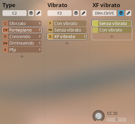 User interface demonstrating Studio Orchestral Strings vibrato and articulation controls, including fortepiano, crescendo, diminuendo, and vibrato options.
