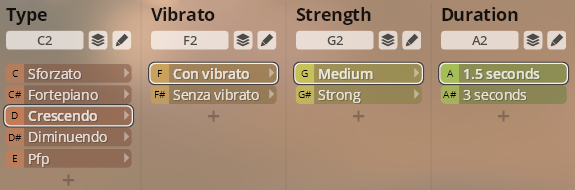 Studio Orchestral Strings interface showing Type, Vibrato, Strength, and Duration options for musical articulation control.