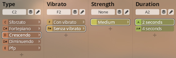 User interface for Studio Orchestral Strings, showing options for Type (Sforzato, Fortepiano, Crescendo, Diminuendo, Pfp), Vibrato (Con vibrato, Senza vibrato), Strength (Medium), and Duration (2 seconds, 4 seconds) settings.