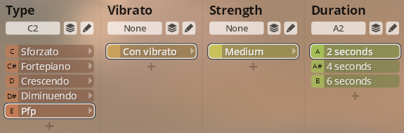 User interface showing musical articulation, vibrato, strength, and duration controls for Studio Orchestral Strings, with options like Sforzato, Crescendo, Diminuendo, Con vibrato, Medium strength, and adjustable durations in seconds.