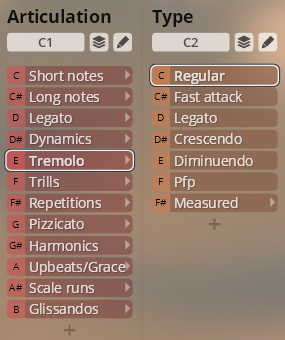 Software interface displaying articulation and type selection options for Studio Orchestral Strings, featuring choices like tremolo, legato, and crescendo for musical instrument sound control.