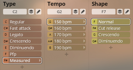 User interface for Studio Orchestral Strings, displaying Type settings (Regular, Fast Attack, Legato, Crescendo, Diminuendo, Pfp, Measured), Tempo settings (150-190 bpm), and Shape settings (Normal, Cut Release, Crescendo, Diminuendo) for musical instrument parameters.