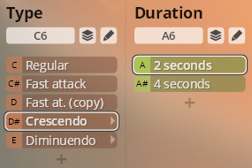 Interface showing Type options like Regular, Fast attack, Crescendo, and Diminuendo, alongside Duration settings for Studio Orchestral Strings.