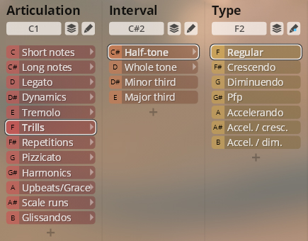 User interface of the Studio Orchestral Strings virtual instrument showing selectable musical articulations like Trills, Intervals (Half-tone), and Types (Regular), designed for producing realistic orchestral sounds.