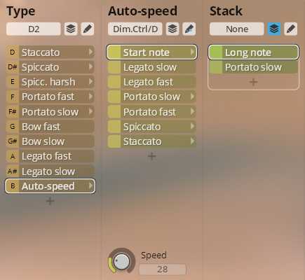 User interface displaying musical articulation options for orchestral strings, including staccato, spiccato, legato, and portato, with controls for type, auto-speed, and stacking.