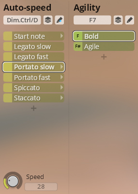 User interface for Studio Orchestral Strings virtual instrument, showing Auto-speed options like Portato slow and Agility settings for musical articulation.