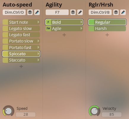 Studio Orchestral Strings user interface showing Auto-speed, Agility, and Regular/Harsh settings for musical performance, with Spiccato selected and Speed at 28, Velocity at 85.