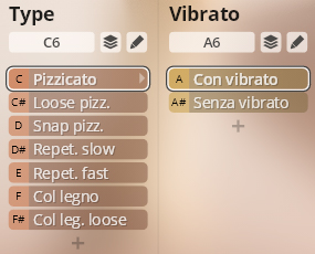 Studio Orchestral Strings user interface with Type options including Pizzicato, Col legno, and Vibrato options Con vibrato, Senza vibrato for sonic articulation control.