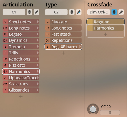 User interface showing Articulation, Type, and Crossfade options for Studio Orchestral Strings, with Harmonics selected under Articulation.