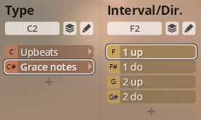 Studio Orchestral Strings software interface showing Type and Interval/Dir. settings for musical composition, with options like Upbeats, Grace notes, 1 up, and 1 do.