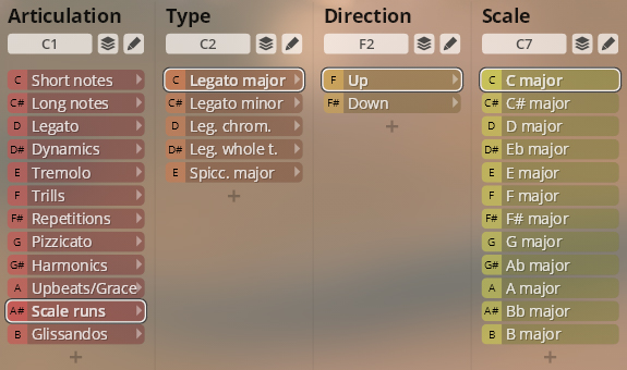 User interface for Studio Orchestral Strings showing Articulation (Scale runs selected), Type (Legato major selected), Direction, and Scale (C major selected) parameters with various options for each.