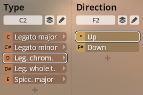 User interface displaying sound library parameters for Studio Orchestral Strings, with options for Type including Legato major, Legato minor, Leg. chrom., Leg. whole t., Spicc. major, and Direction with Up and Down selected.