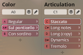 User interface displaying Color and Articulation options for orchestral string sounds, including Sul ponticello and Staccato selections.
