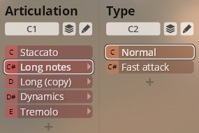 Screenshot of Studio Orchestral Strings articulation and type selection menus, showing options like Staccato, Long notes, Dynamics, Tremolo, Normal, and Fast attack.