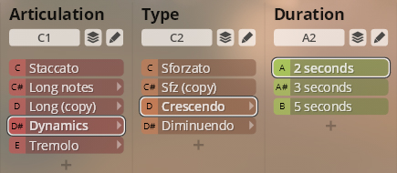 User interface panel for Studio Orchestral Strings, displaying selectable options for musical articulation, type, and duration. Articulation options include Staccato, Long notes, Dynamics, and Tremolo. Type options include Sforzato, Crescendo, and Diminuendo. Duration options offer 2, 3, and 5 seconds.