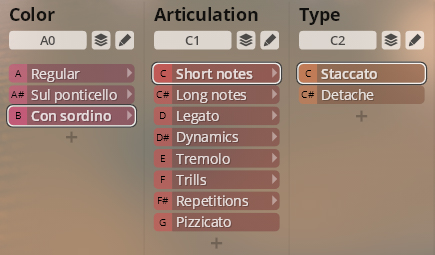 User interface showing selected orchestral string articulations: Con sordino for color, Short notes for articulation, and Staccato for type, relevant to Studio Orchestral Strings.
