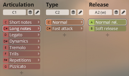 User interface demonstrating Studio Orchestral Strings articulation and release settings including long notes, normal type, and normal release.