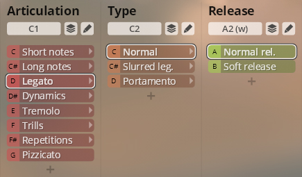 Interface displaying articulation, type, and release settings for Studio Orchestral Strings, with Legato, Normal, and Normal release options highlighted.