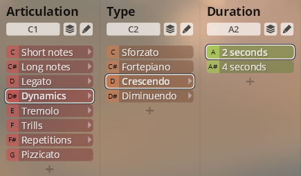 Virtual instrument interface displaying sound articulation, type, and duration controls for orchestral strings, showing selected 'Dynamics', 'Crescendo', and 2-second duration options.