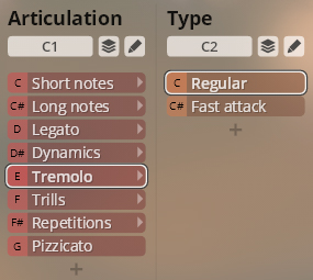 User interface showing Articulation and Type settings with musical terms like Tremolo, Legato, and Pizzicato selected, relevant to Studio Orchestral Strings software.