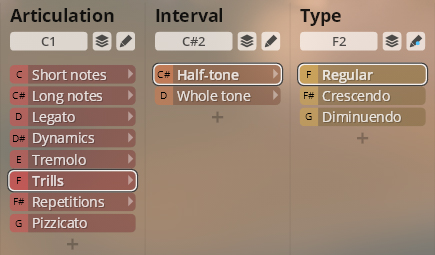 Studio Orchestral Strings user interface showing selectable options for articulation, interval, and type, with Trills, Half-tone, and Regular highlighted for musical sound samples.