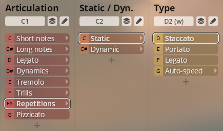 User interface showing articulation, static/dynamic, and type settings for Studio Orchestral Strings, with options like Staccato, Legato, and Pizzicato.