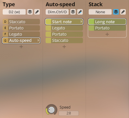 User interface showing musical articulation settings for Studio Orchestral Strings, with options for Type (Staccato, Portato, Legato, Auto-speed), Auto-speed articulations (Start note, Legato, Portato, Staccato), and Stack articulations (Long note, Portato), including a speed dial set to 28.