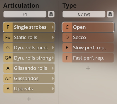 Studio Percussion virtual instrument interface displaying Articulation and Type options with selectable sound controls like Single strokes, Static rolls, Open, and Secco for musical production.
