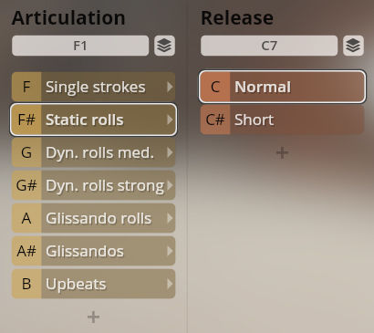 Studio Percussion articulation and release controls showing options like Static rolls and Normal, Short releases.