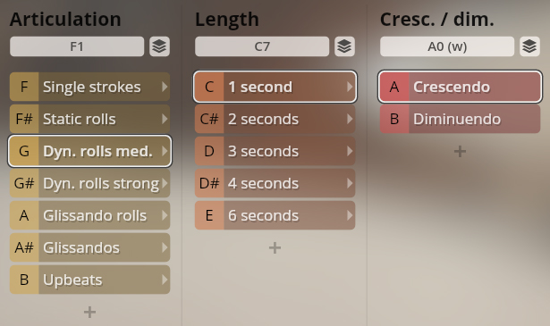 Studio Percussion user interface showing articulation, length, and crescendo/diminuendo controls for sound customization.