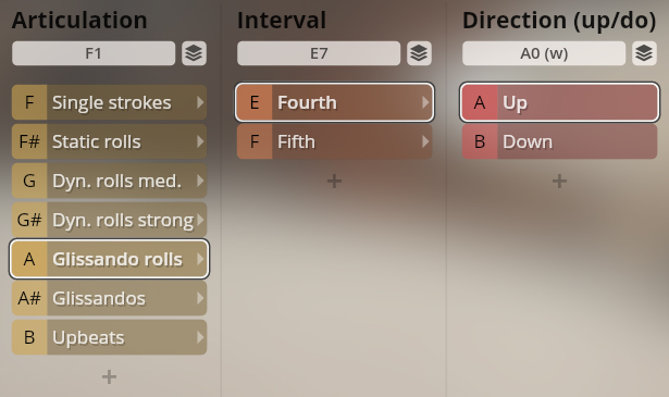 Studio Percussion articulation settings with Glissando rolls, Fourth (E7) interval, and Up (A0) selected.