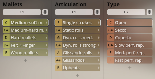 User interface showing percussion instrument settings for mallet type, articulation, and performance repetition in Studio Percussion software.
