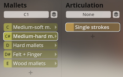 User interface displaying Studio Percussion mallet types like Medium-soft, Medium-hard, Hard, Felt + Finger, Wood mallets, and Articulation settings including Single strokes.