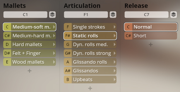 Studio Percussion software interface showing selectable options for Mallets, Articulation (Static rolls selected), and Release (Normal selected).